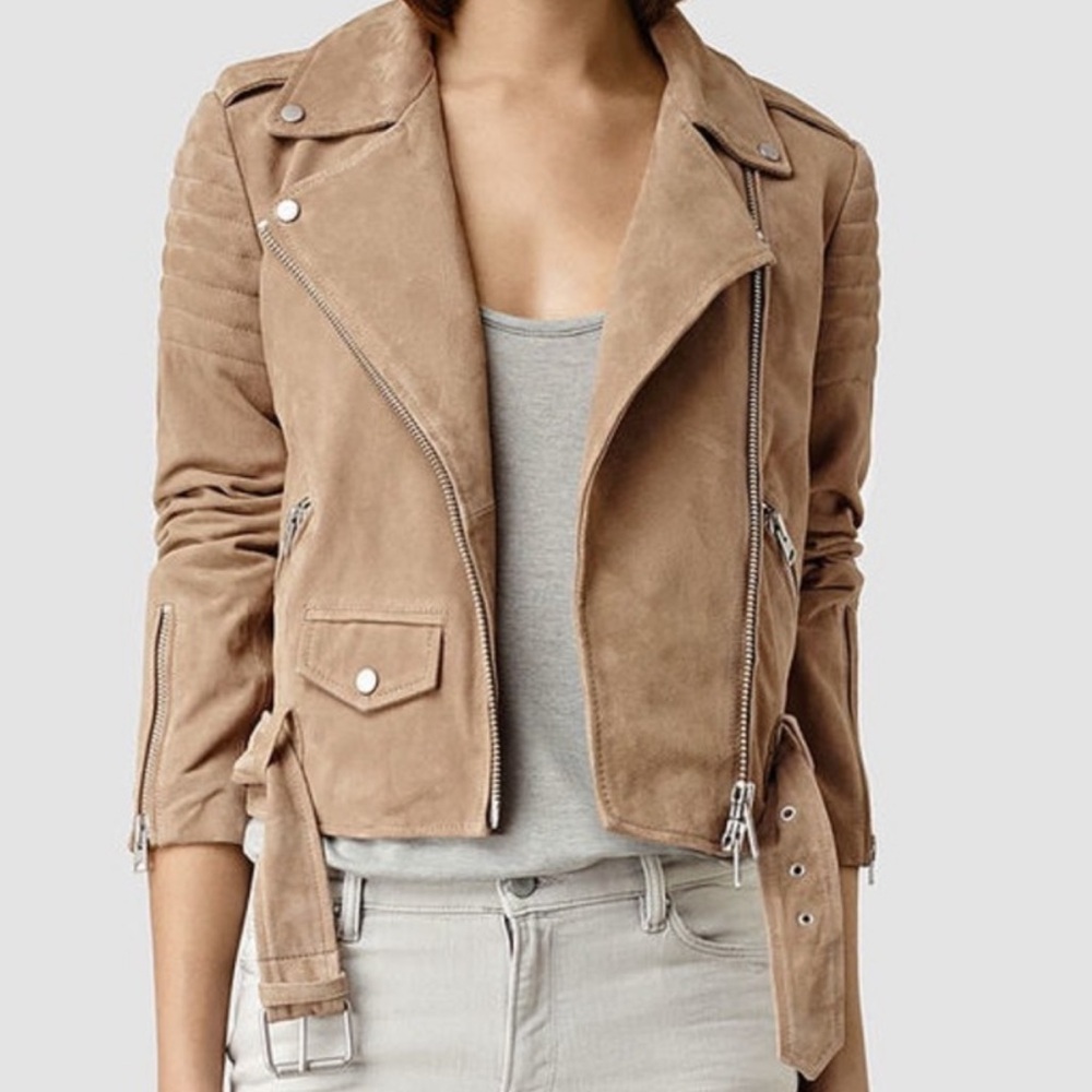 All Saints beige suede cropped motorcycle jacket